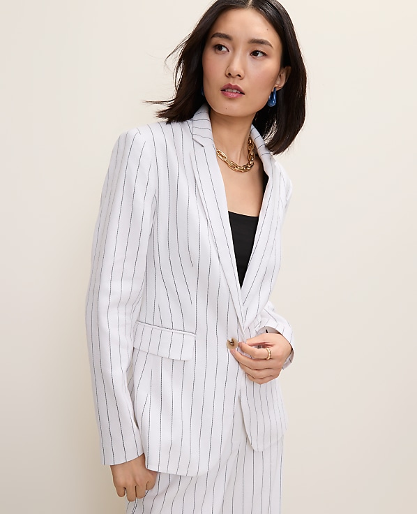The Petite Pinstripe Long One Button Blazer in Linen Blend