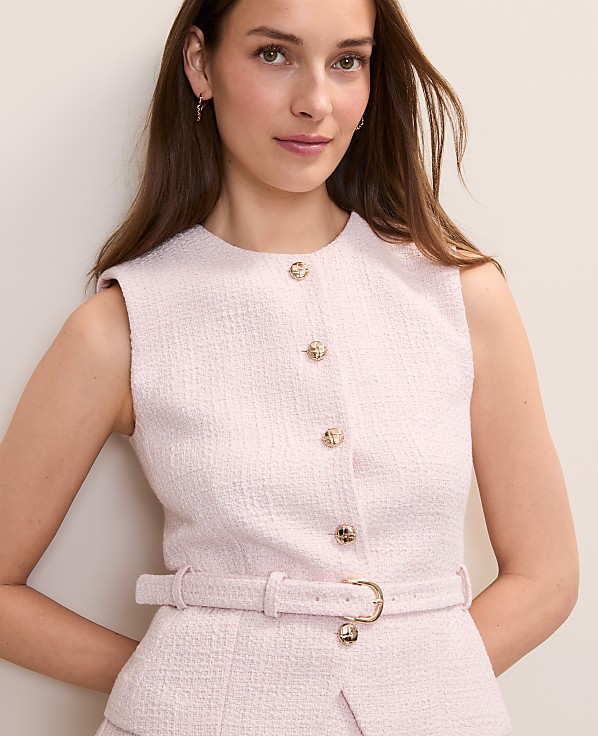 The Petite Crew Neck Belted Vest in Tweed
