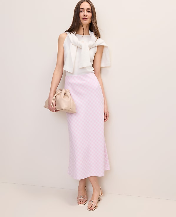 Gingham Linen Blend Midi Slip Skirt