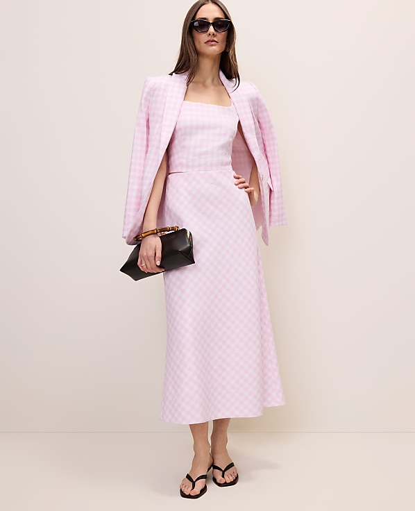 Petite Gingham Linen Blend Midi Slip Skirt