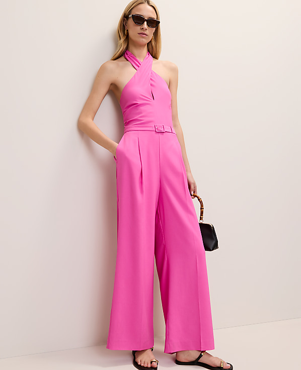 Petite Belted Halter Jumpsuit