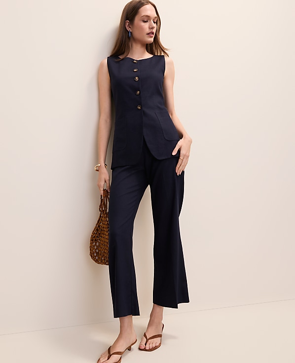The Petite Long Crew Neck Vest in Linen Blend