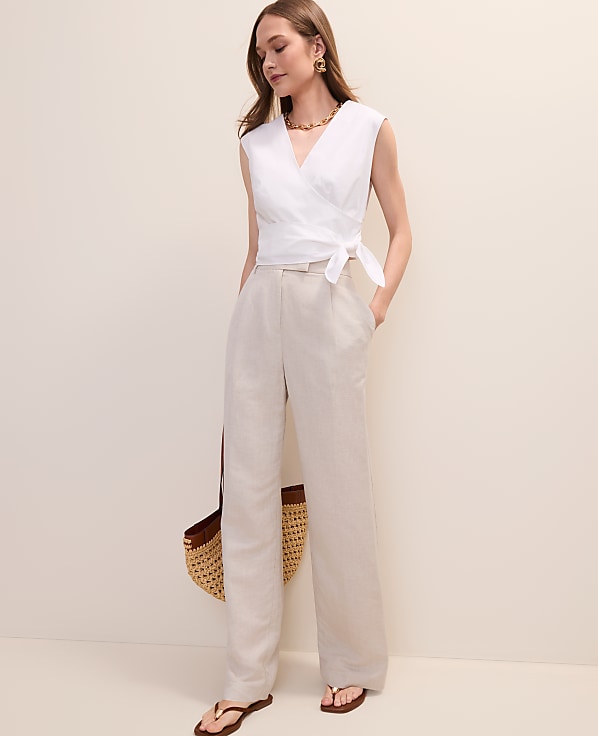 The Petite Pleated Straight Pant in Linen Blend