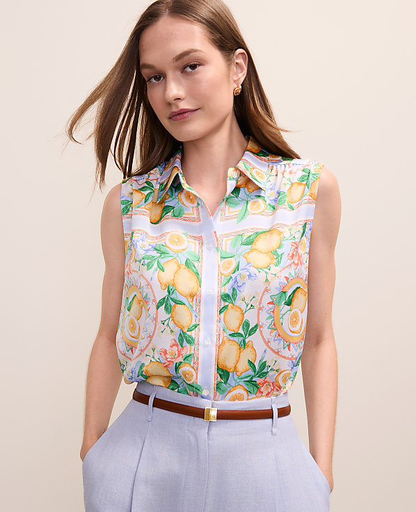 Petite Lemon Print Sleeveless Collar Shirt
