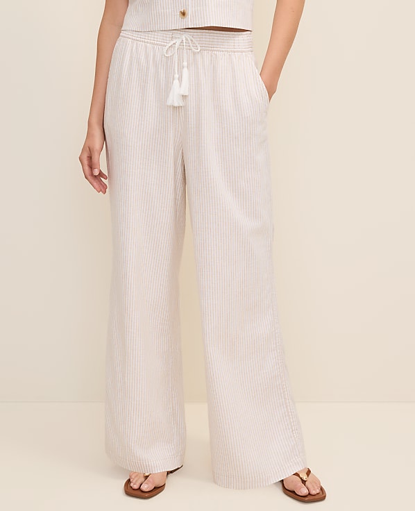 Petite Weekend Striped Easy Fit Wide-Leg Pant in Linen Blend