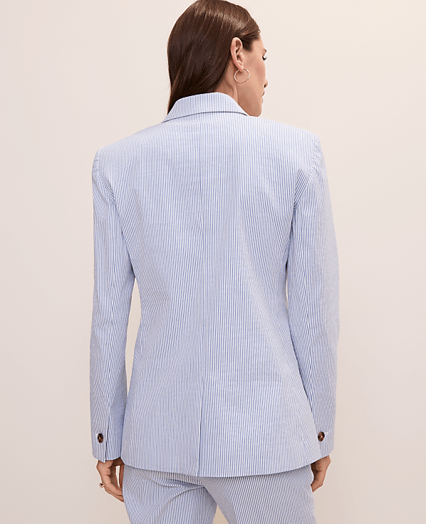 The Petite Long One Button Blazer in Seersucker