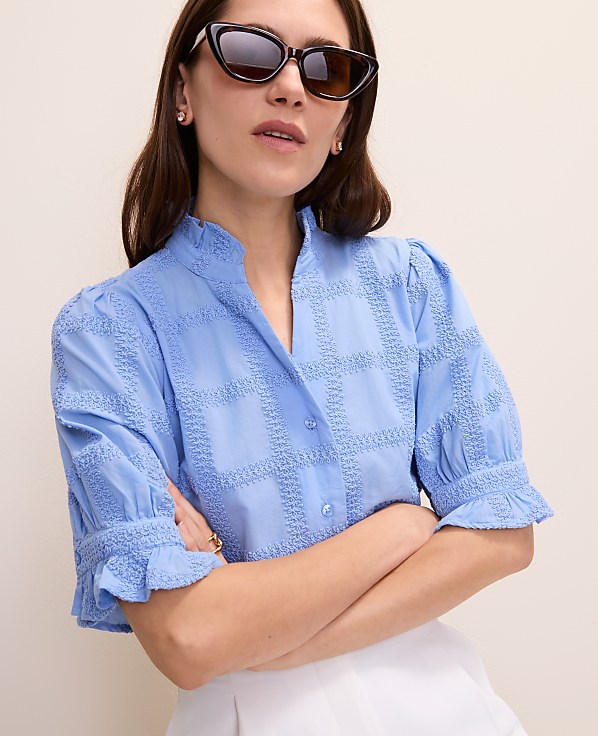 Petite Crochet Ruffle Collar Blouse