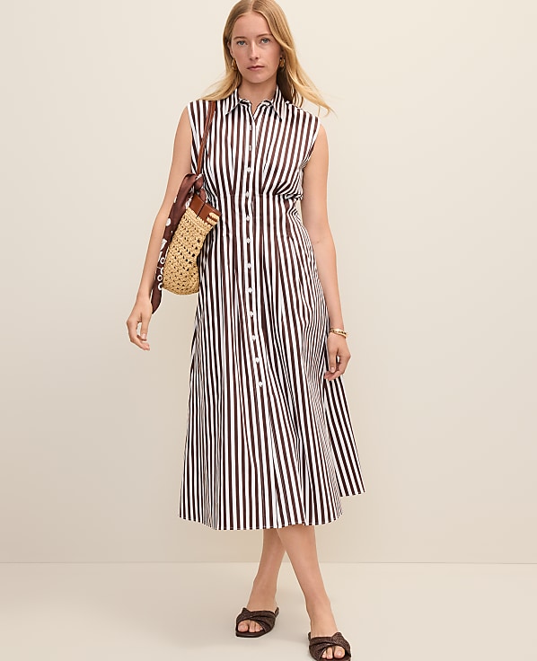 Petite Weekend Striped Pleated Midi Shirtdress
