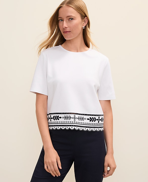 Petite Embroidered Crew Neck Top