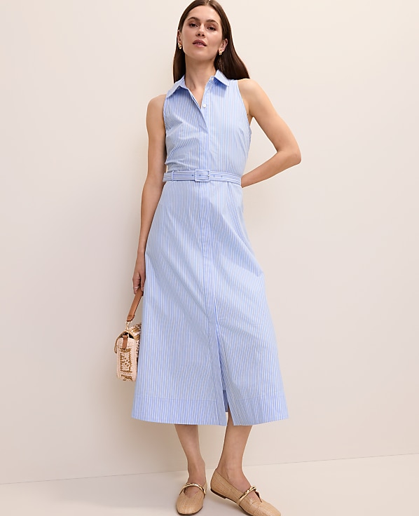Petite Striped Collared Halter Midi Dress