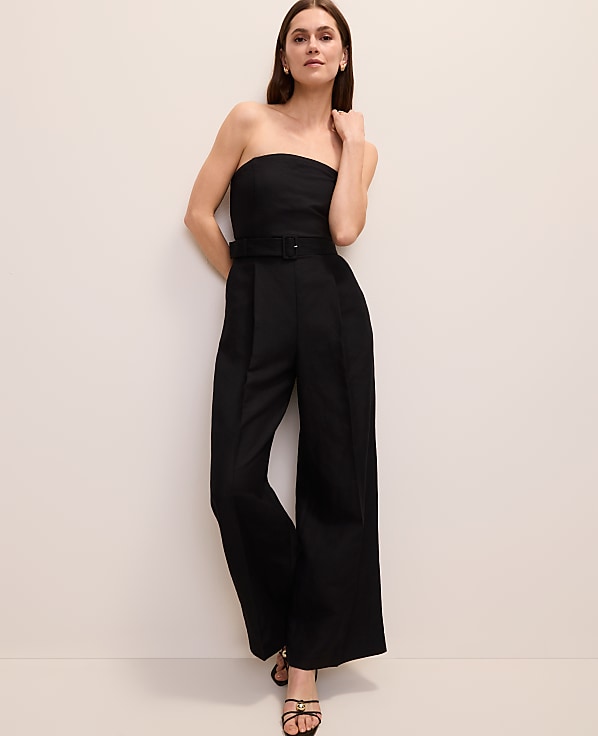 Belted Strapless Jumpsuit in Linen Blend