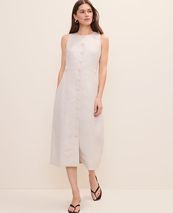 Petite Button Midi Dress in Linen Blend