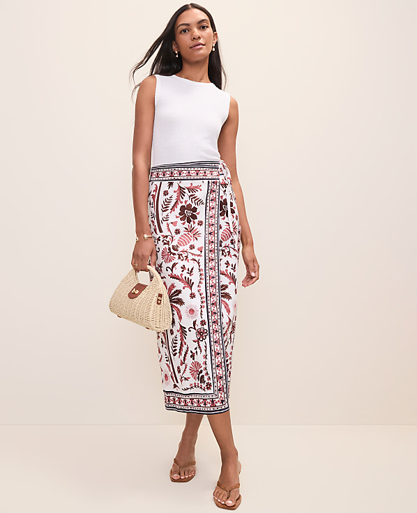 Weekend Palm Tree Print Sarong Midi Skirt in Linen Blend