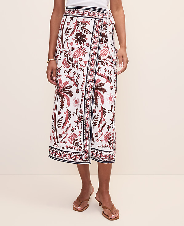 Petite Weekend Palm Tree Print Sarong Midi Skirt in Linen Blend