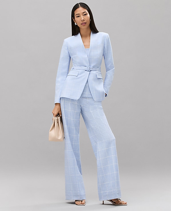 The Petite Collarless Belted Blazer in Windowpane