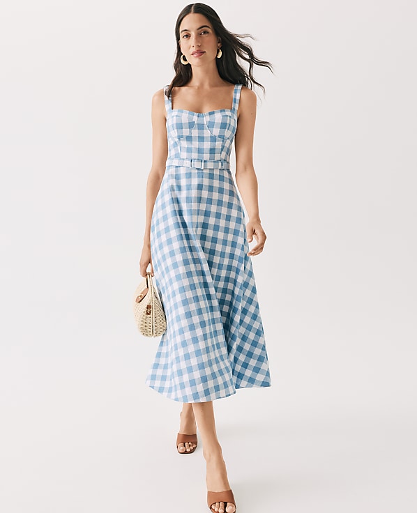 Petite Gingham Belted Midi Dress in Linen Blend