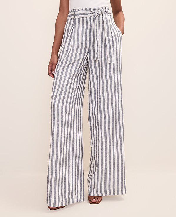 The Petite Striped Paperbag Waist Pant in Linen Blend