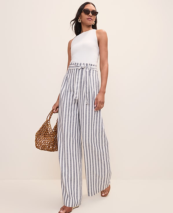 The Petite Striped Paperbag Waist Pant in Linen Blend