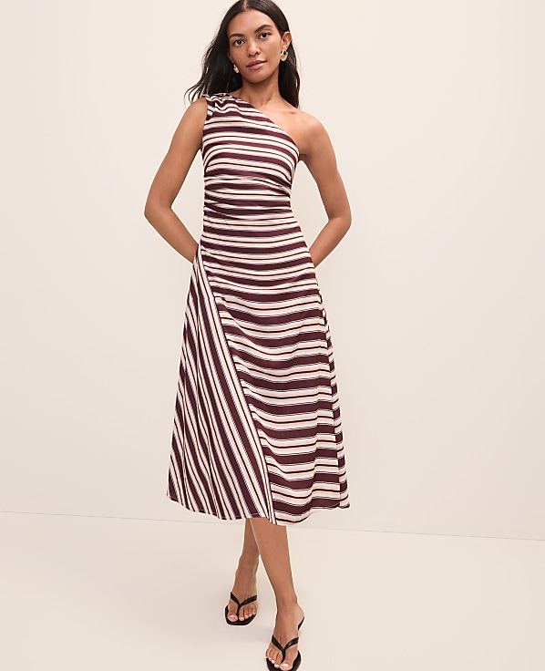 Petite Striped One-Shoulder Midi Dress