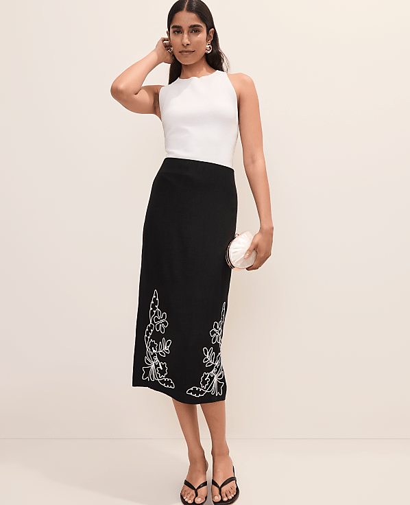 Petite Embroidered Column Midi Skirt