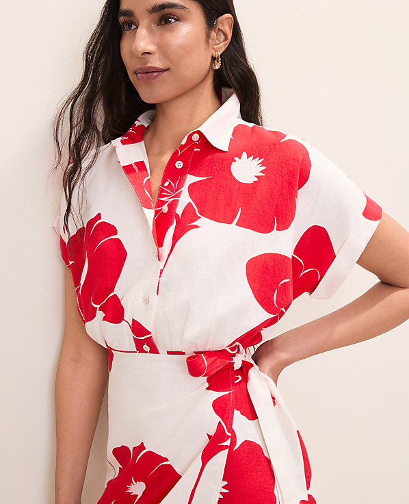 Floral Collared Shift Dress in Linen Blend