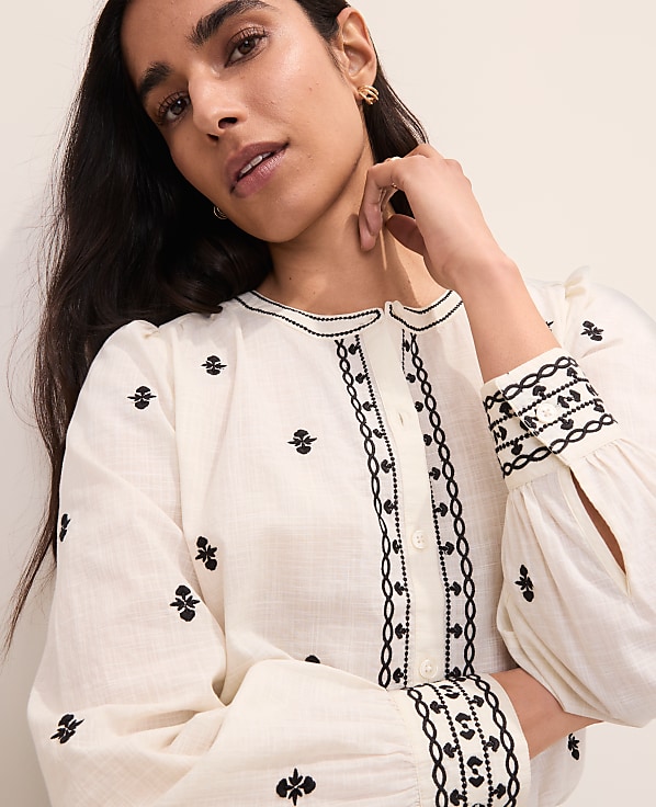 Embroidered Split Neck Blouse