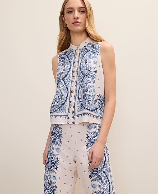 Weekend Paisley Sleeveless Shirt In Linen Blend