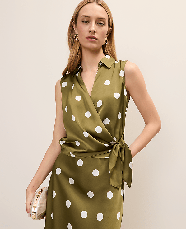 Petite Dotted Tie Waist Blouse in Satin