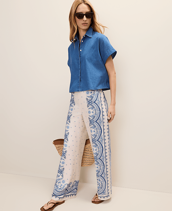 Petite Weekend Easy Wide-Leg Pant in Paisley Linen Blend