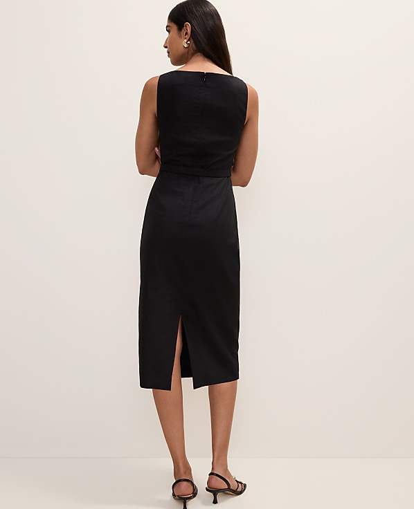 Belted Column Midi Dress in Linen Blend