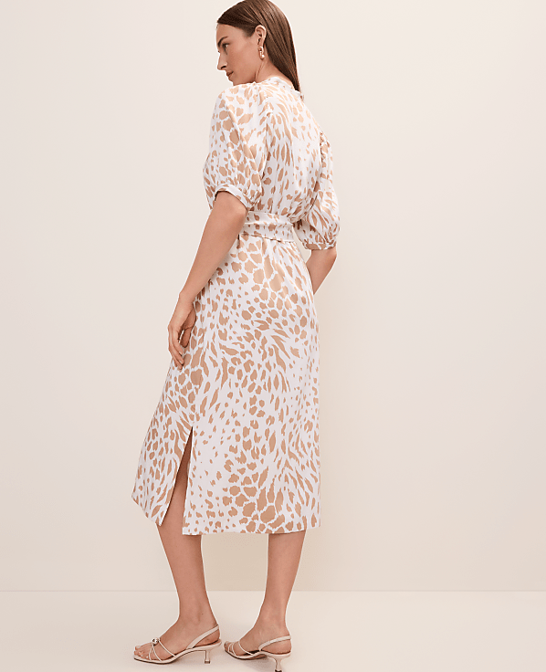 Petite Animal Print Puff Sleeve Midi Dress