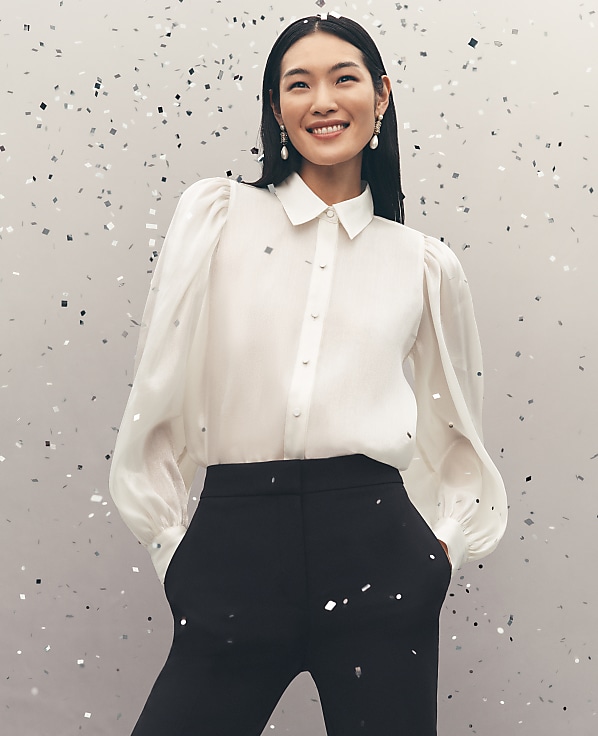 Petite Collared Shirred Yoke Button Down Shirt