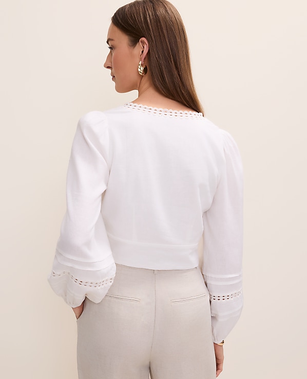 Embroidered V-Neck Blouse in Linen Blend