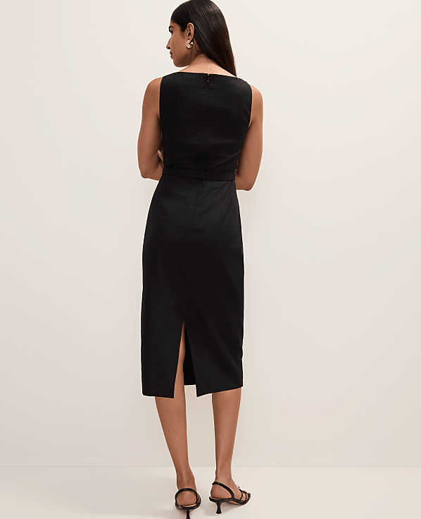 Petite Belted Column Midi Dress in Linen Blend