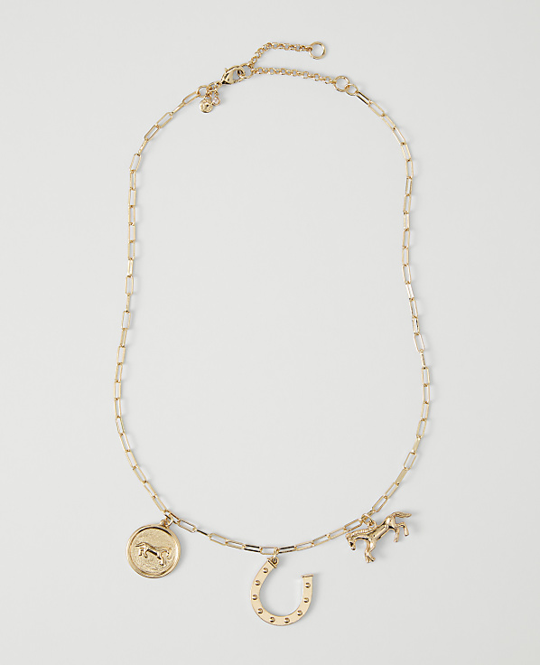 A gold necklace with a horse, horseshoe, and coin charms hangs against a plain white background.