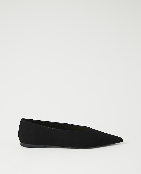 A black pointed-toe flat shoe rests on a plain white background.