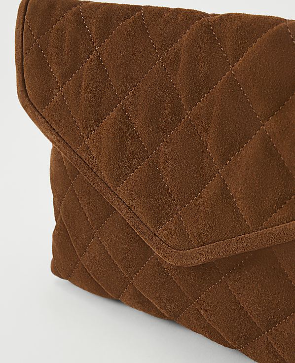 A brown quilted clutch with a white background.