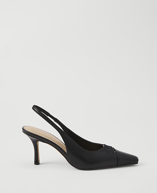 A black slingback heel with a pointed toe sits on a plain white background.