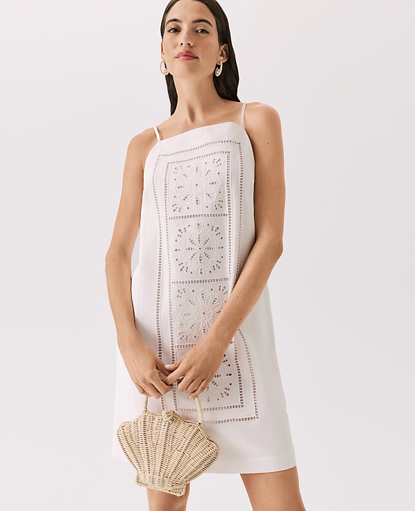 Embroidered Shift Dress in Linen Blend