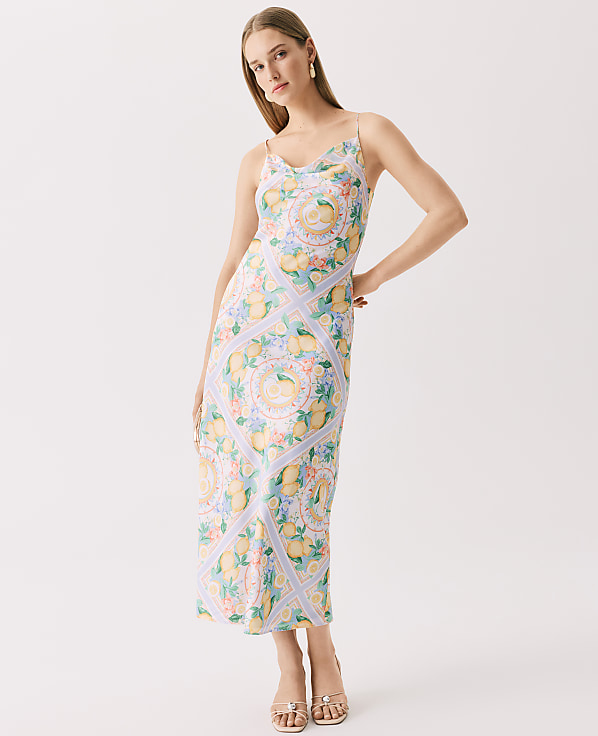 Lemon Print Cowl Neck Slip Dress in Satin