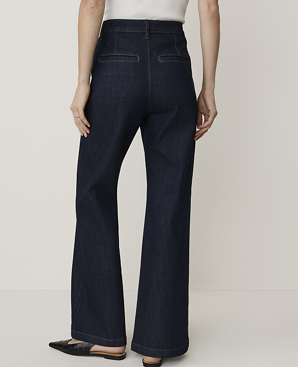 A person wearing dark wash wide-leg jeans and black flats stands against a plain white background.