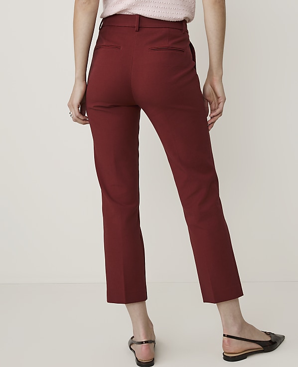 A person wearing maroon ankle-length pants and black flats stands against a plain white background.