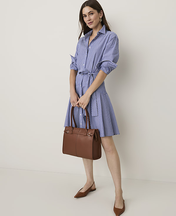A woman in a blue and white striped shirt dress and brown flats holds a brown leather handbag in front of a plain white background.
