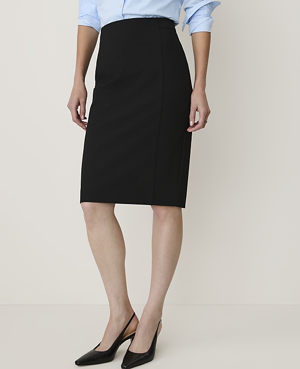 A woman in a black pencil skirt and blue blouse stands against a plain, light-colored background, wearing black slingback heels.
