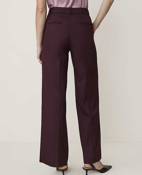 A person wearing burgundy wide-leg trousers and a pink top stands against a plain, light-colored background.