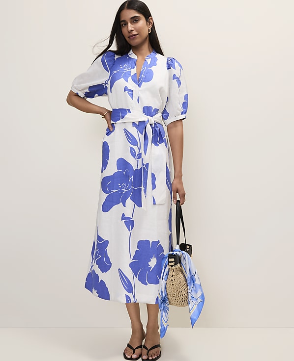 Petite Floral Puff Sleeve Midi Dress in Linen