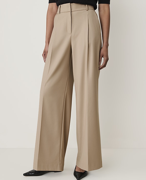 A person stands in tan, wide-leg trousers and black pointed-toe shoes against a plain white background.