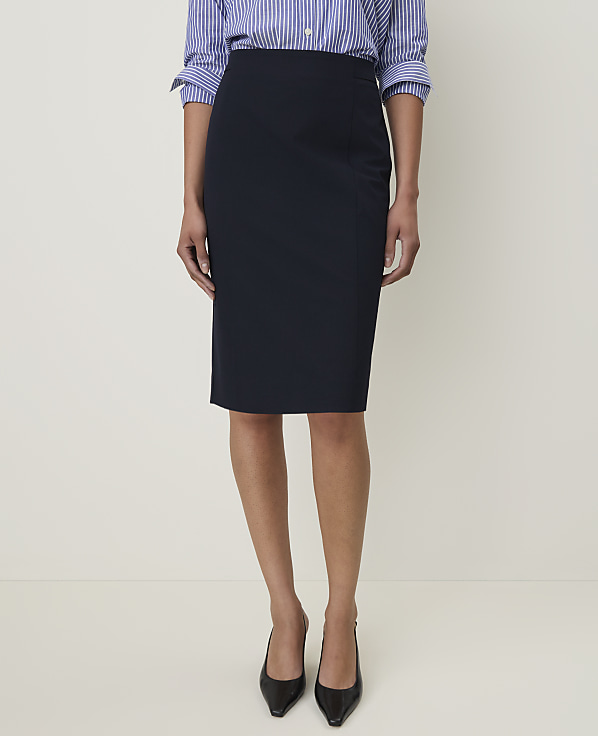 A woman in a navy pencil skirt and black heels stands against a plain white background.