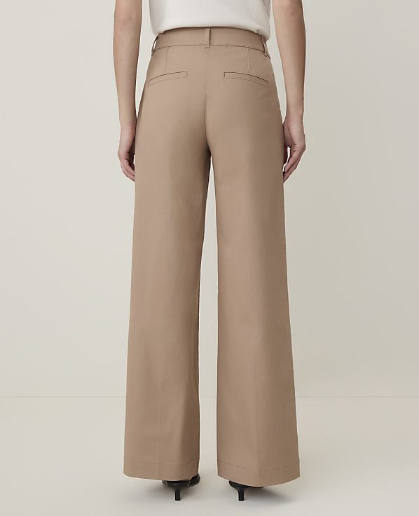 A person wearing wide-leg tan trousers and black heels stands against a plain white background.
