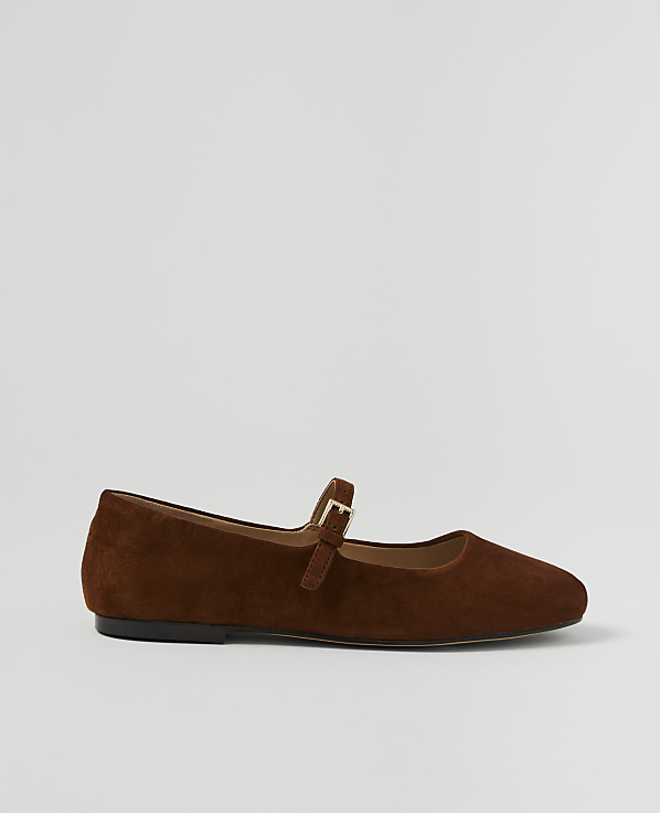 A brown suede Mary Jane flat shoe with a buckle strap rests on a plain white background.